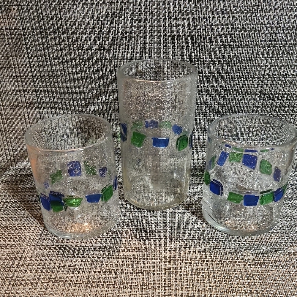 Three Tumbles Handblown Fused Textured Glasses with Blue and Green Accents